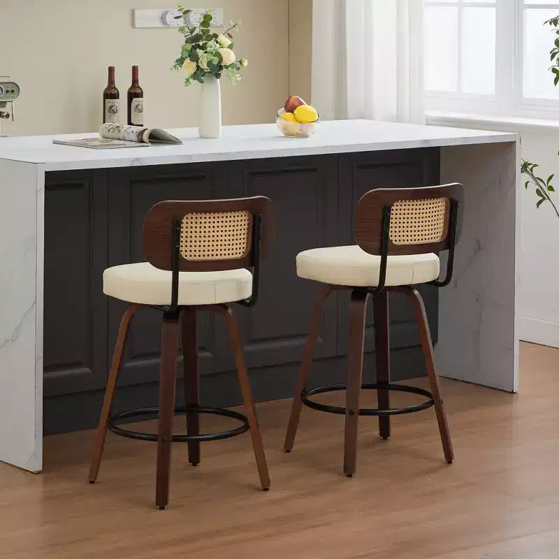 CLIHOME Set of 2 Counter Height Bar Stools - 26 Rattan Counter Height Stools With Cane Back and Upholstered Seat