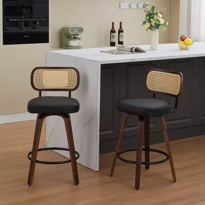 CLIHOME Set of 2 Counter Height Bar Stools - 26 Rattan Counter Height Stools With Cane Back and Upholstered Seat