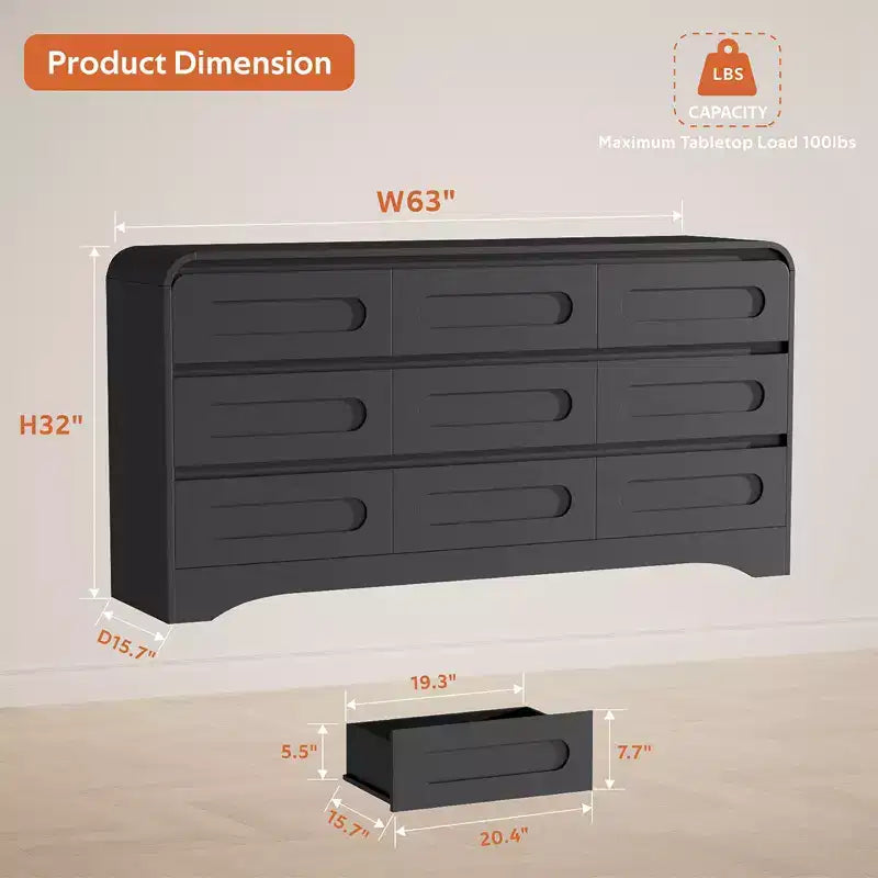 SOLACE FURNITURE 9 Drawers Dresser for Bedroom, 63 Wide Modern Dressers & Chest of Drawers with Pre-installed Slide