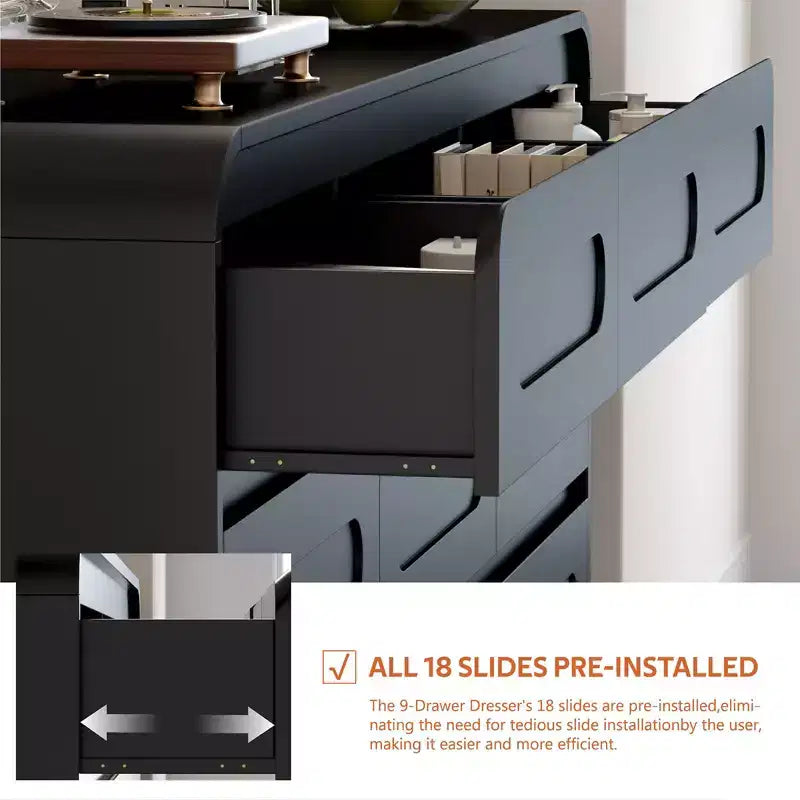 SOLACE FURNITURE 9 Drawers Dresser for Bedroom, 63 Wide Modern Dressers & Chest of Drawers with Pre-installed Slide