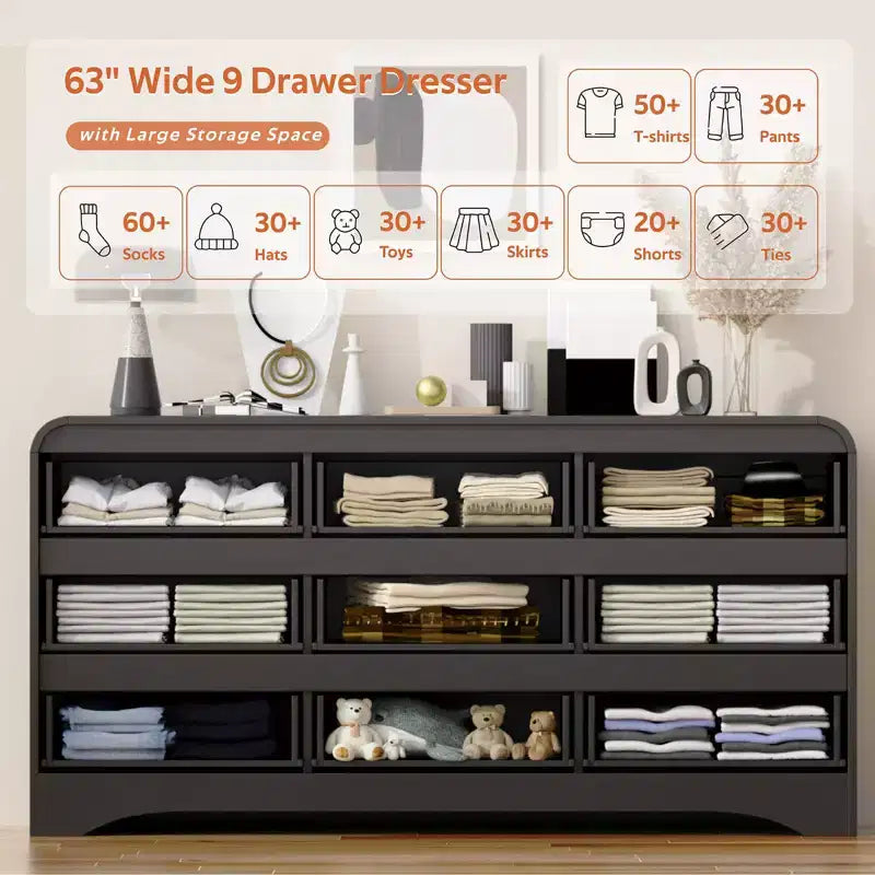 SOLACE FURNITURE 9 Drawers Dresser for Bedroom, 63 Wide Modern Dressers & Chest of Drawers with Pre-installed Slide