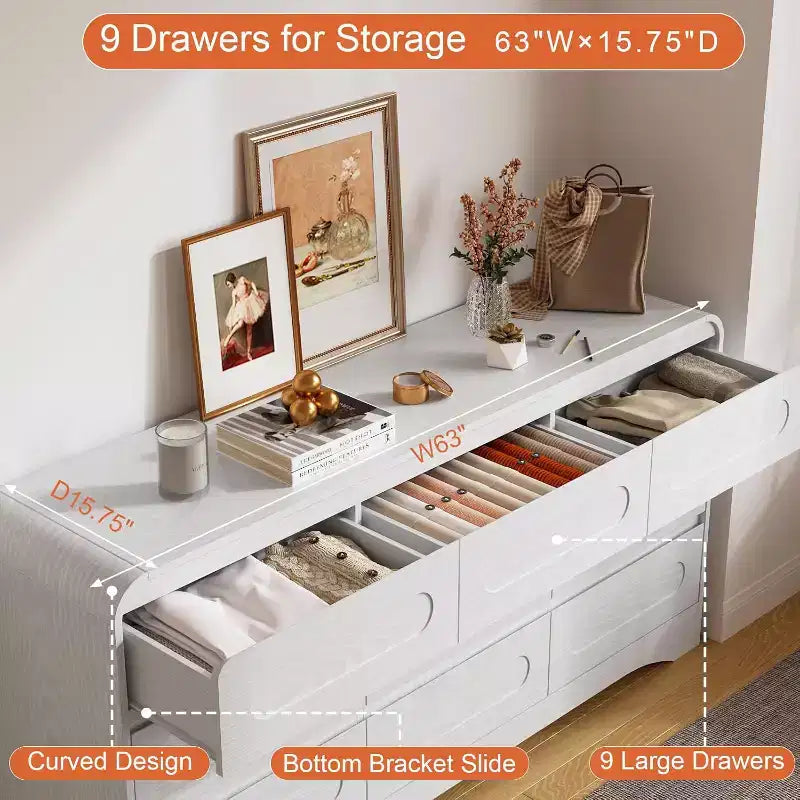 SOLACE FURNITURE 9 Drawers Dresser for Bedroom, 63 Wide Modern Dressers & Chest of Drawers with Pre-installed Slide