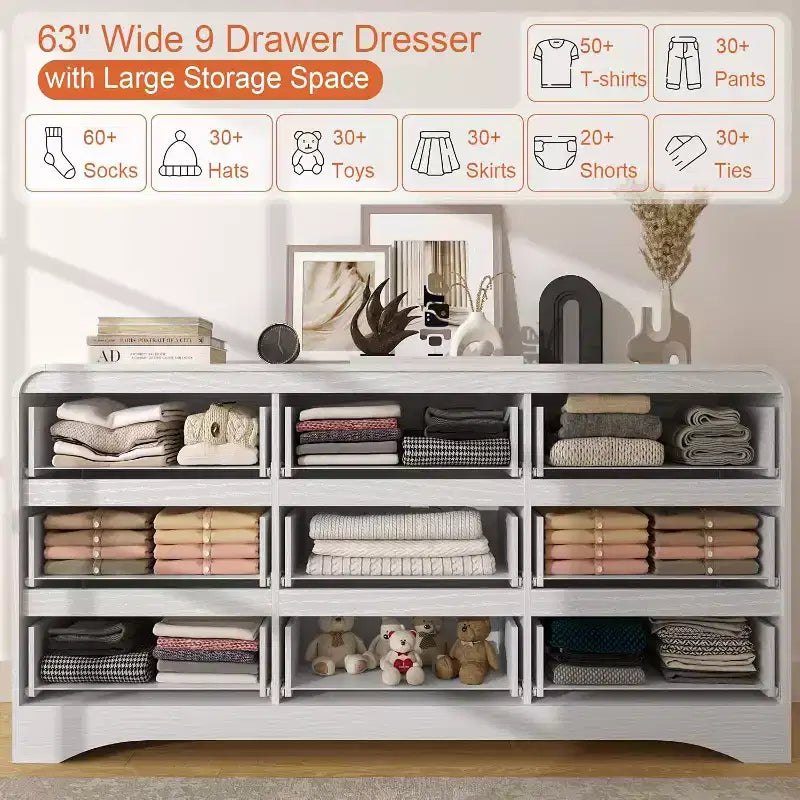 SOLACE FURNITURE 9 Drawers Dresser for Bedroom, 63 Wide Modern Dressers & Chest of Drawers with Pre-installed Slide