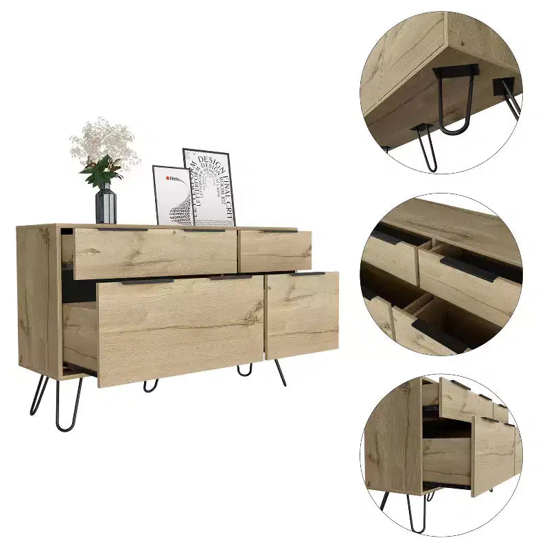 Okak 3/4-Drawer Dresser Compact Storage for Clothing, Sturdy Steel Legs and Durable Top Surface, for Living Room/Bedroom/Office, Light Oak