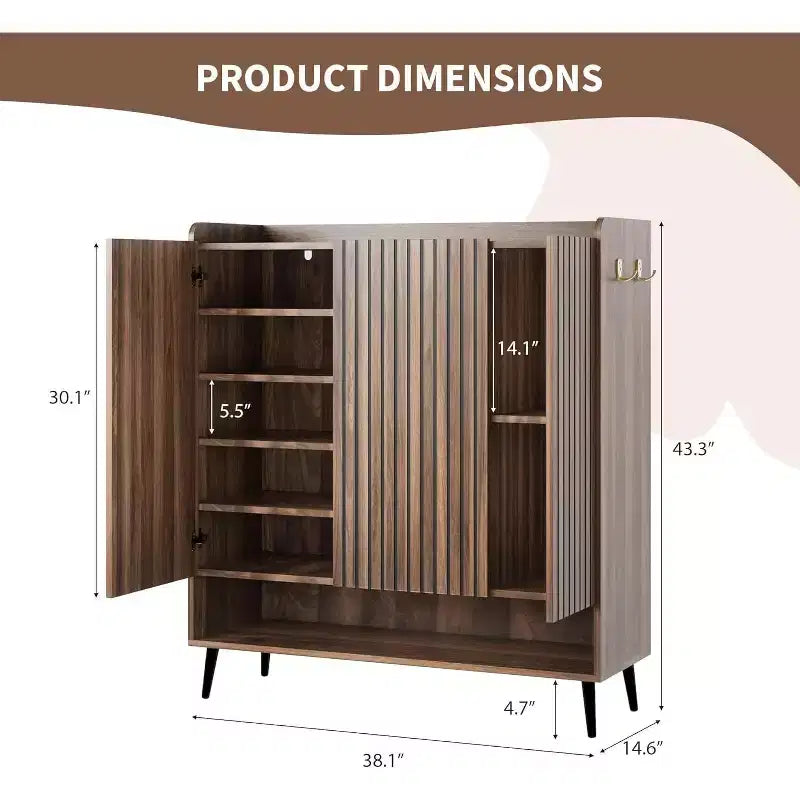 Large Shoe Cabinet with 3 Doors, 6-Tier Adjustable Shelves, Freestanding Entryway Shoe Organizer with Hooks, Brown
