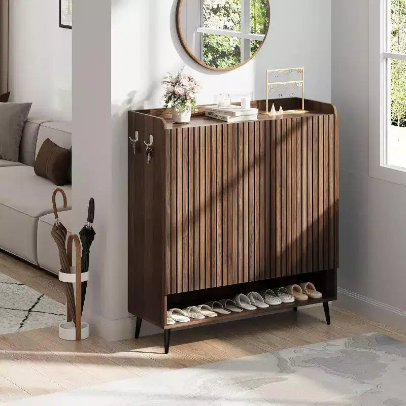 Large Shoe Cabinet with 3 Doors, 6-Tier Adjustable Shelves, Freestanding Entryway Shoe Organizer with Hooks, Brown