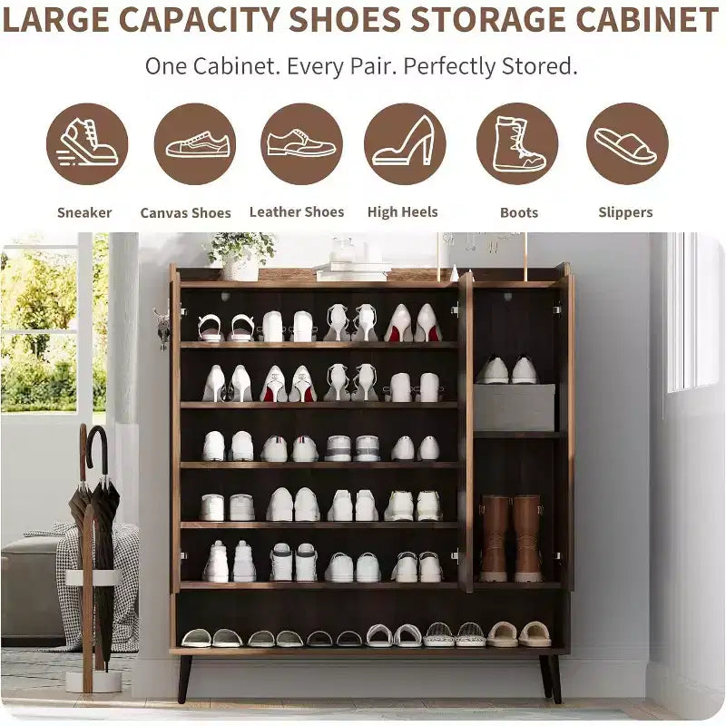 Large Shoe Cabinet with 3 Doors, 6-Tier Adjustable Shelves, Freestanding Entryway Shoe Organizer with Hooks, Brown