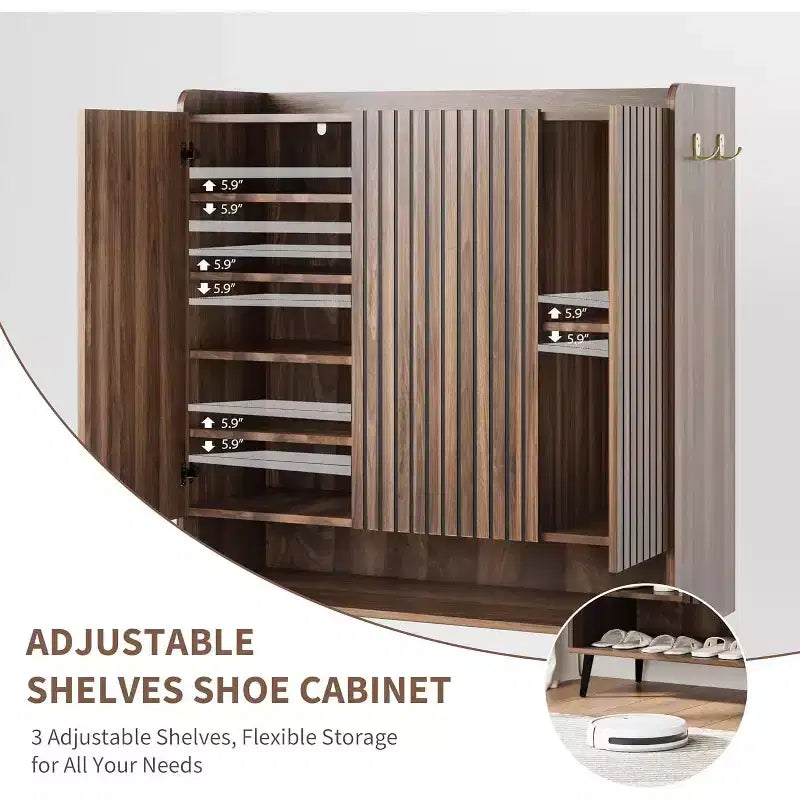Large Shoe Cabinet with 3 Doors, 6-Tier Adjustable Shelves, Freestanding Entryway Shoe Organizer with Hooks, Brown