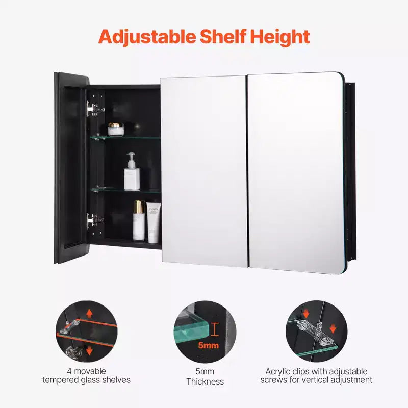 VEVOR Medicine Cabinet, 25.5 x 40 inch, Medicine Cabinet for Bathroom with Mirror, Aluminum Frame, 4-layer Adjustable Shelves, Black