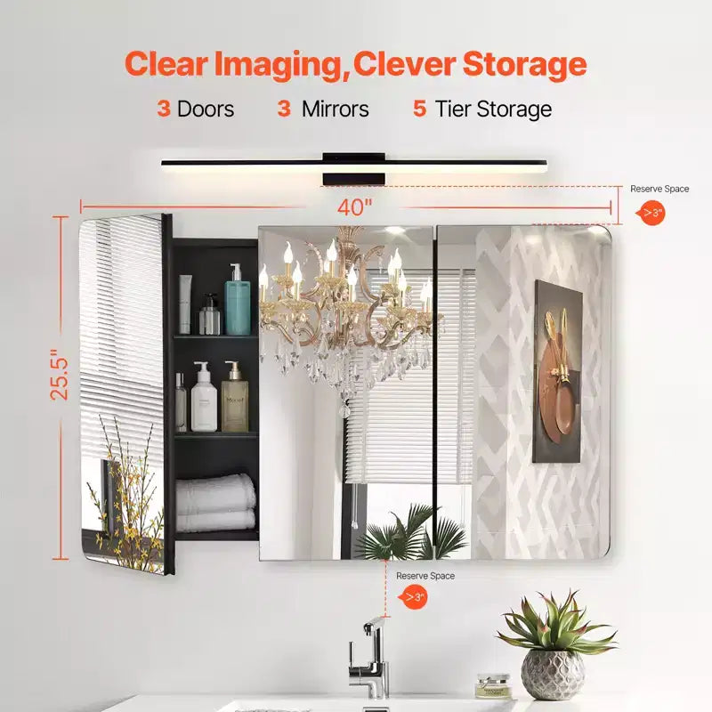VEVOR Medicine Cabinet, 25.5 x 40 inch, Medicine Cabinet for Bathroom with Mirror, Aluminum Frame, 4-layer Adjustable Shelves, Black