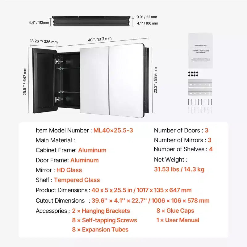 VEVOR Medicine Cabinet, 25.5 x 40 inch, Medicine Cabinet for Bathroom with Mirror, Aluminum Frame, 4-layer Adjustable Shelves, Black
