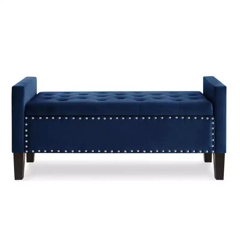 TUYOHW Banc de rangement capitonné avec boutons et clous décoratifs, siège rembourré doux avec accoudoirs pour entrée et salon, bleu marine