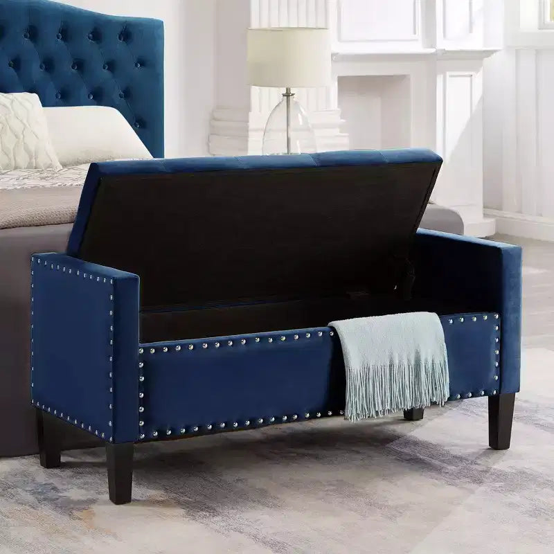 TUYOHW Banc de rangement capitonné avec boutons et clous décoratifs, siège rembourré doux avec accoudoirs pour entrée et salon, bleu marine