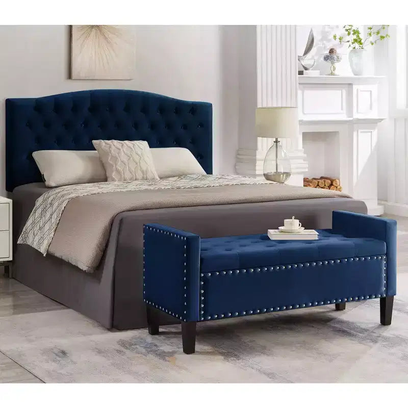 TUYOHW Banc de rangement capitonné avec boutons et clous décoratifs, siège rembourré doux avec accoudoirs pour entrée et salon, bleu marine