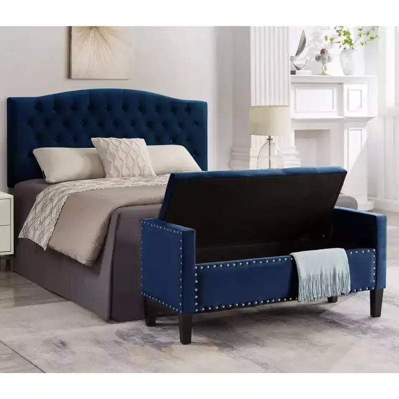 TUYOHW Banc de rangement capitonné avec boutons et clous décoratifs, siège rembourré doux avec accoudoirs pour entrée et salon, bleu marine