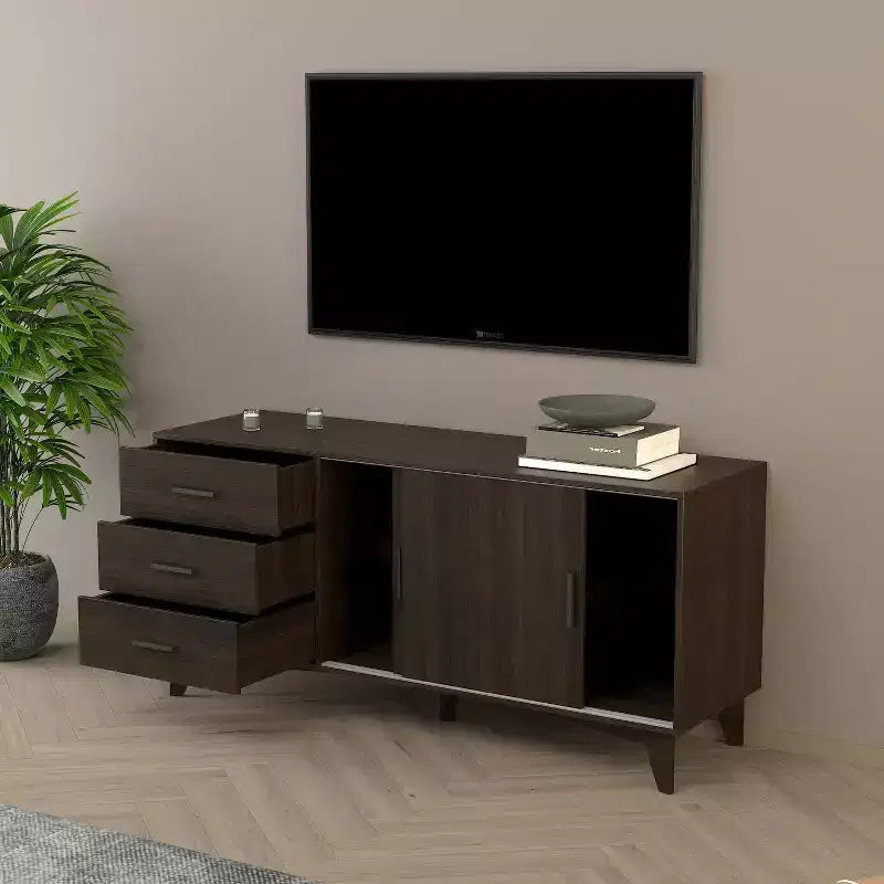Meuble TV Parker HomeStock avec portes coulissantes et tiroirs, brun foncé