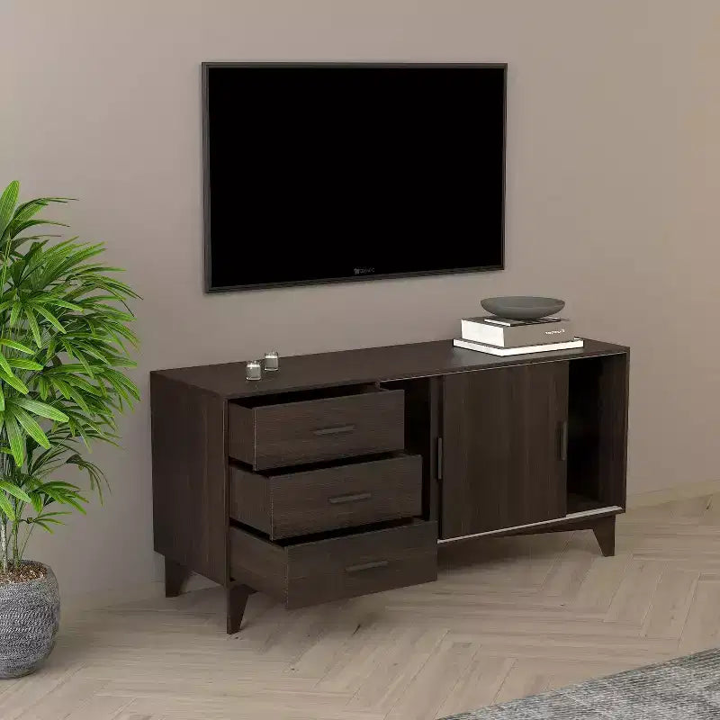 Meuble TV Parker HomeStock avec portes coulissantes et tiroirs, brun foncé