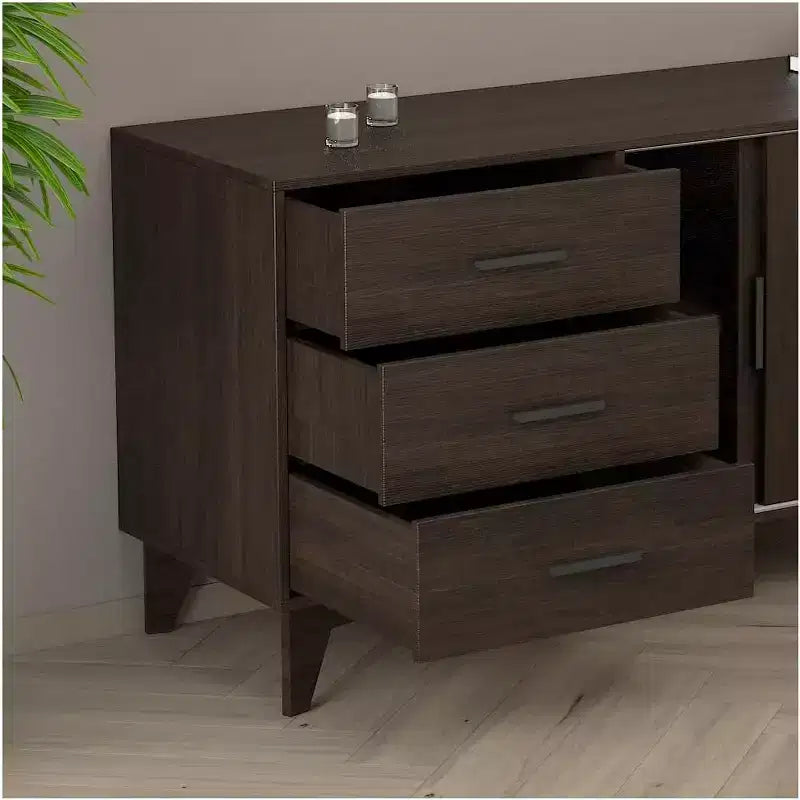 HomeStock Parker TV Stand with Sliding Doors and Drawers in Dark Brown
