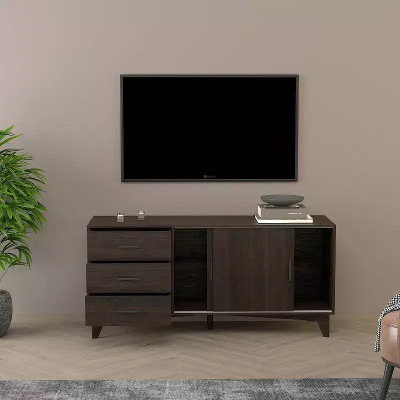 HomeStock Parker TV Stand with Sliding Doors and Drawers in Dark Brown