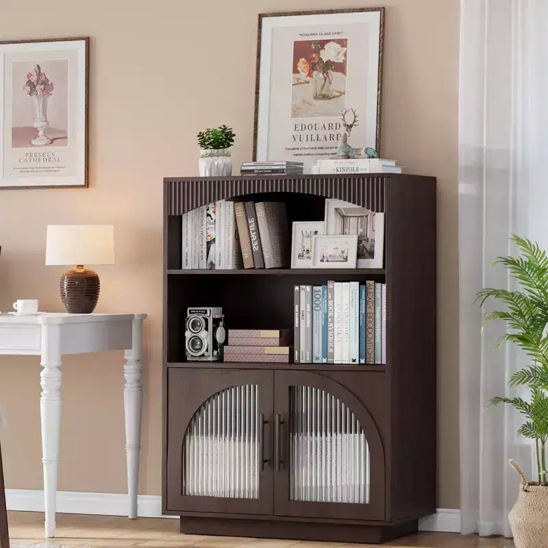 SOLACE FURNITURE 46 Bookshelf with Doors, Black Bookcase with Glass Door, 3 Tier Small Bookshelf
