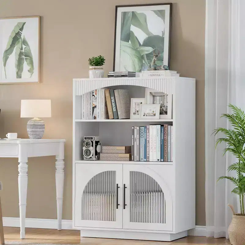 SOLACE FURNITURE 46 Bookshelf with Doors, Black Bookcase with Glass Door, 3 Tier Small Bookshelf