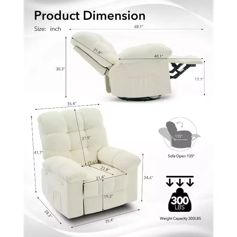 GustoWave Oversized Swivel Rocker Recliner Chair for Adult, 360 Swivel Rock Manual Recliner, Comfy Soft Fabric Reclining Sofa