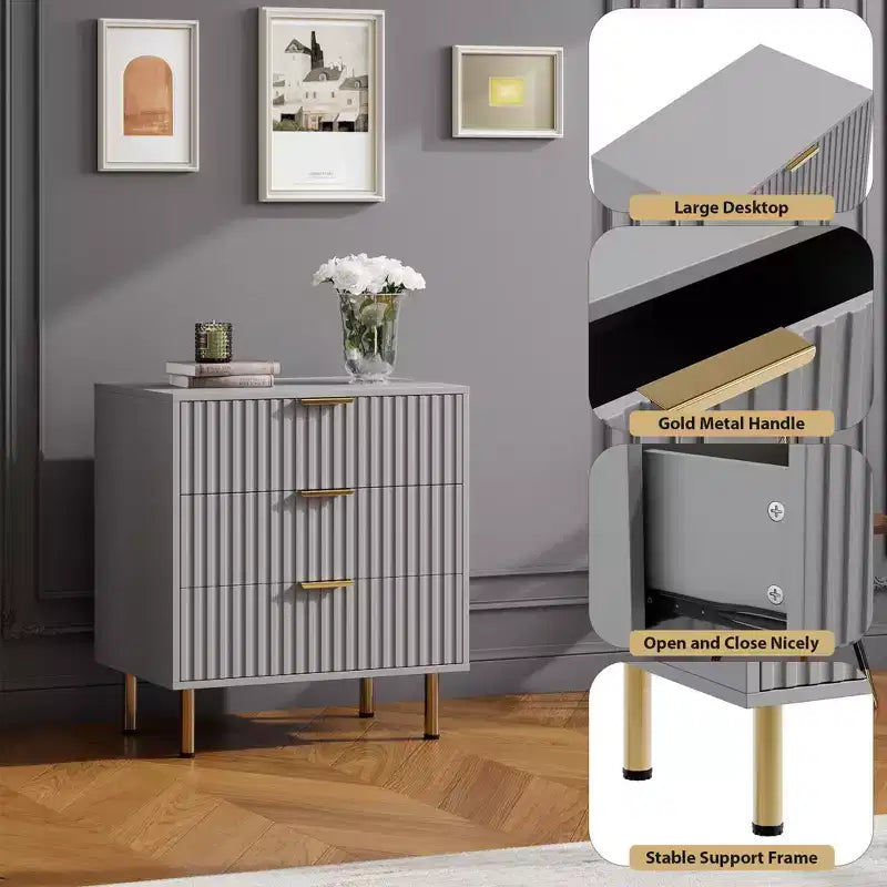 3 Drawer Dresser for Bedroom, Fluted Modern Nightstand with Deep Drawers, Multi-Functional Wooden Organizer for Living Room, Hallway, and Kids Room