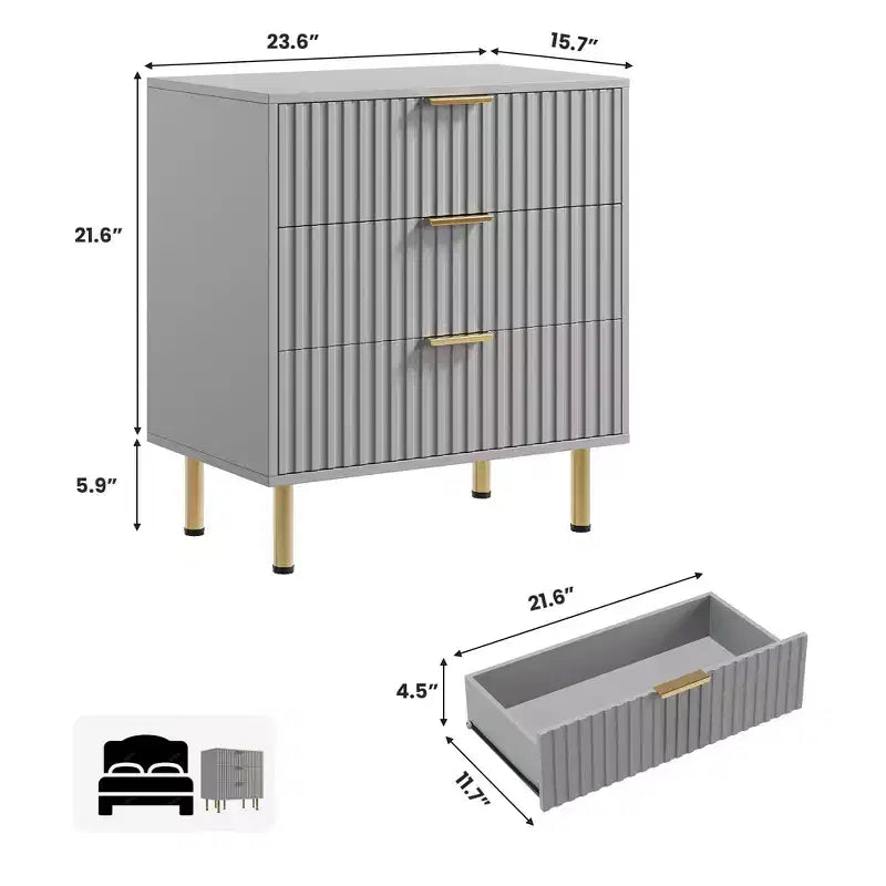 3 Drawer Dresser for Bedroom, Fluted Modern Nightstand with Deep Drawers, Multi-Functional Wooden Organizer for Living Room, Hallway, and Kids Room