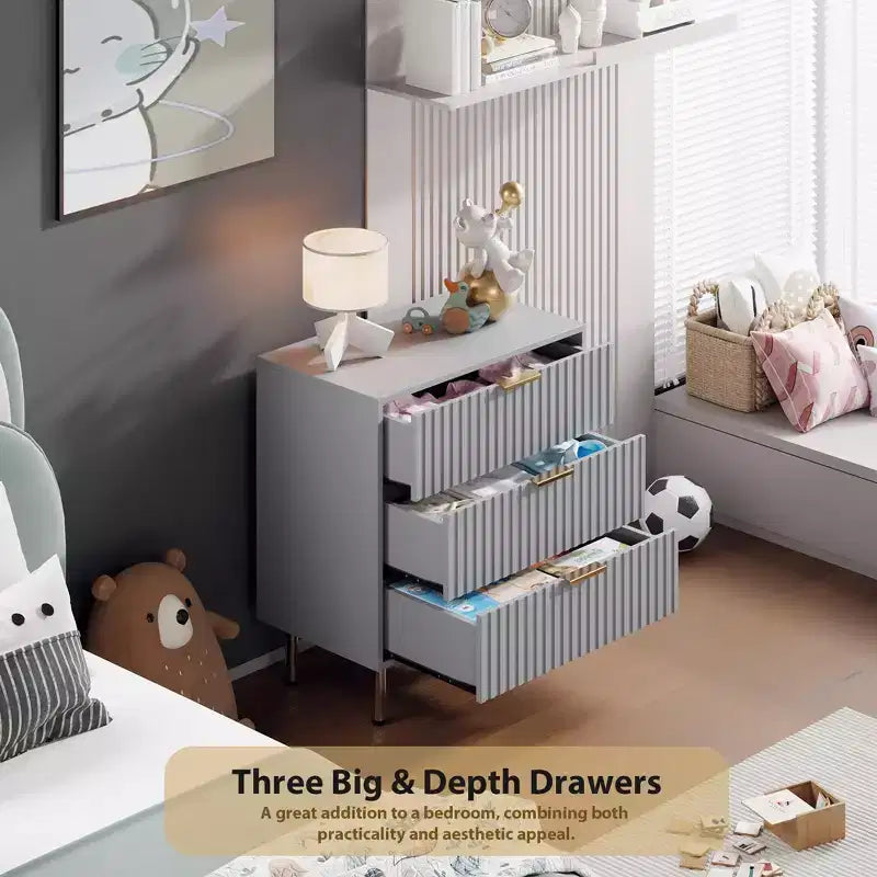 3 Drawer Dresser for Bedroom, Fluted Modern Nightstand with Deep Drawers, Multi-Functional Wooden Organizer for Living Room, Hallway, and Kids Room