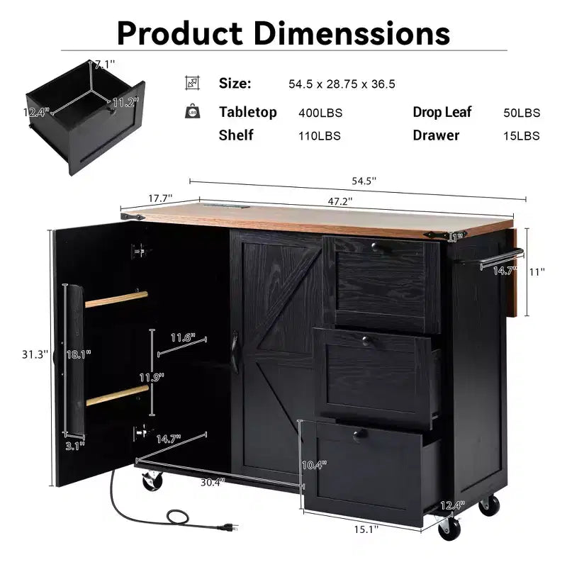 CLIHOME 54,5 Pouces Îlot de Cuisine Roulant de Ferme avec Prise de Courant, Chariot de Rangement de Cuisine avec Étagère de Rangement Interne, Abattant, Étagère à Épices