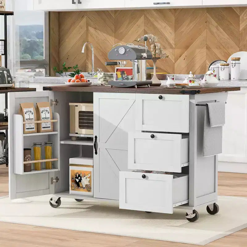 CLIHOME 54,5 Pouces Îlot de Cuisine Roulant de Ferme avec Prise de Courant, Chariot de Rangement de Cuisine avec Étagère de Rangement Interne, Abattant, Étagère à Épices