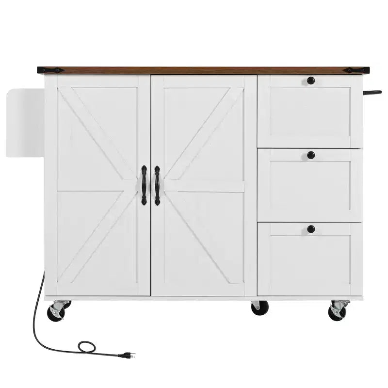 CLIHOME 54,5 Pouces Îlot de Cuisine Roulant de Ferme avec Prise de Courant, Chariot de Rangement de Cuisine avec Étagère de Rangement Interne, Abattant, Étagère à Épices
