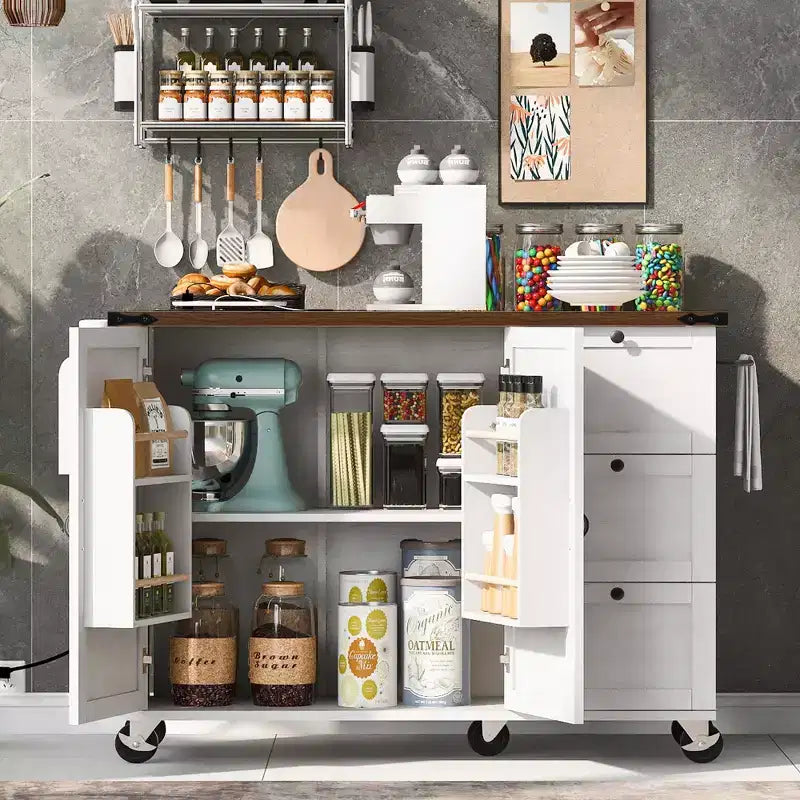 CLIHOME 54,5 Pouces Îlot de Cuisine Roulant de Ferme avec Prise de Courant, Chariot de Rangement de Cuisine avec Étagère de Rangement Interne, Abattant, Étagère à Épices