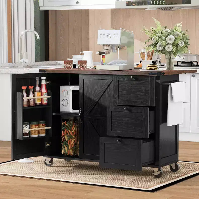 CLIHOME 54,5 Pouces Îlot de Cuisine Roulant de Ferme avec Prise de Courant, Chariot de Rangement de Cuisine avec Étagère de Rangement Interne, Abattant, Étagère à Épices