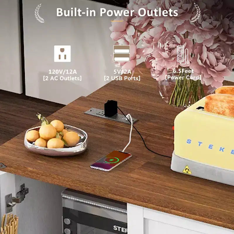 CLIHOME 54,5 Pouces Îlot de Cuisine Roulant de Ferme avec Prise de Courant, Chariot de Rangement de Cuisine avec Étagère de Rangement Interne, Abattant, Étagère à Épices