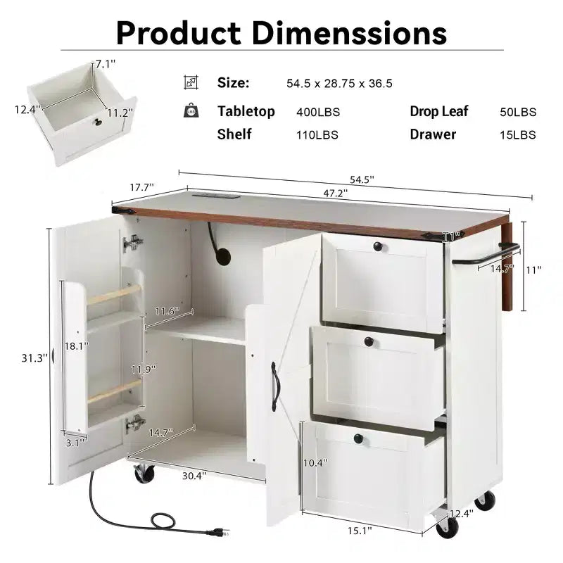 CLIHOME 54,5 Pouces Îlot de Cuisine Roulant de Ferme avec Prise de Courant, Chariot de Rangement de Cuisine avec Étagère de Rangement Interne, Abattant, Étagère à Épices