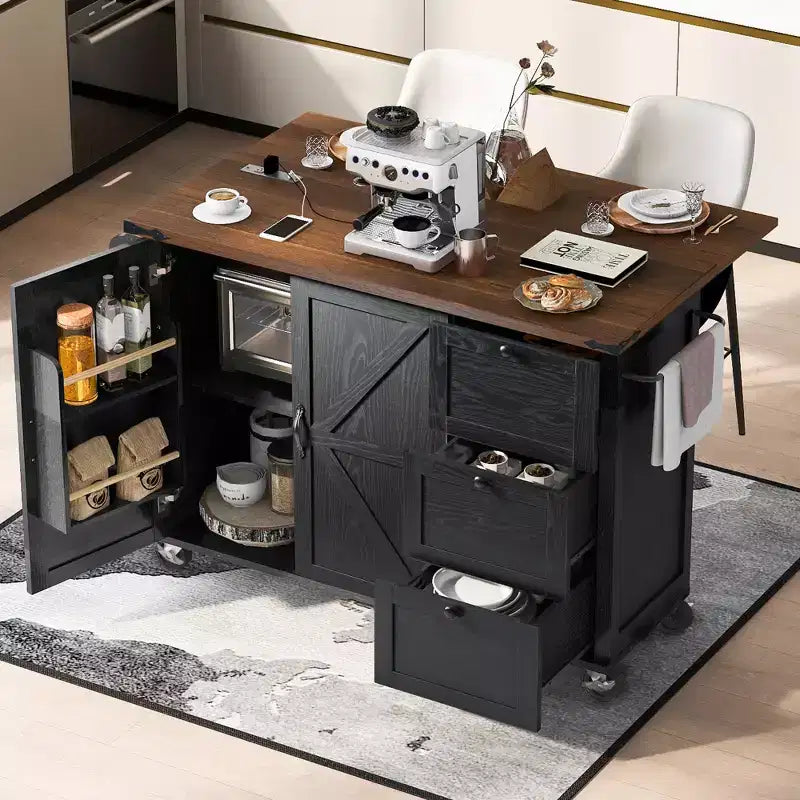 CLIHOME 54,5 Pouces Îlot de Cuisine Roulant de Ferme avec Prise de Courant, Chariot de Rangement de Cuisine avec Étagère de Rangement Interne, Abattant, Étagère à Épices