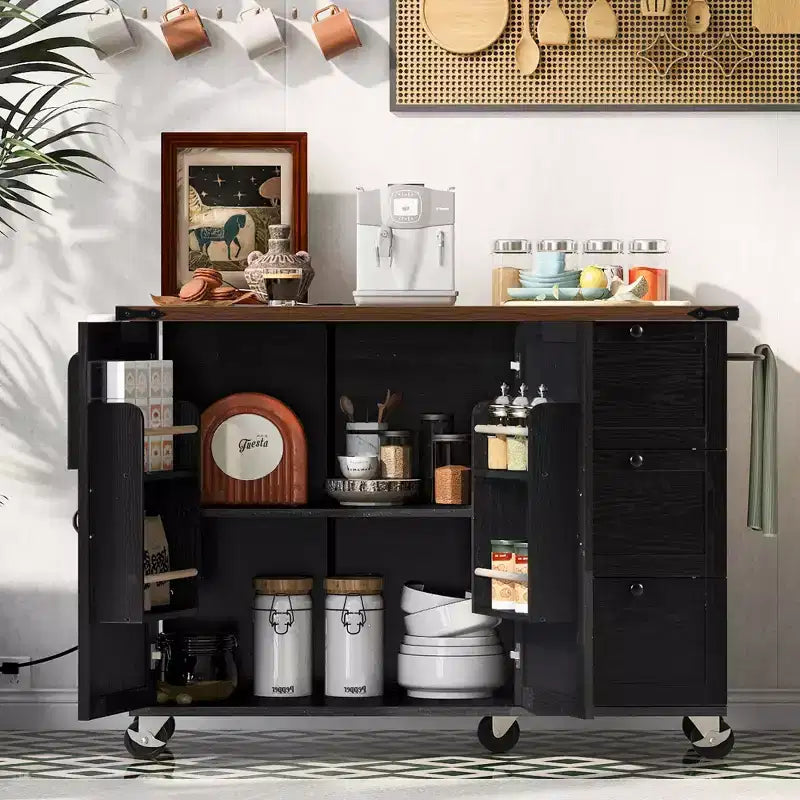 CLIHOME 54,5 Pouces Îlot de Cuisine Roulant de Ferme avec Prise de Courant, Chariot de Rangement de Cuisine avec Étagère de Rangement Interne, Abattant, Étagère à Épices