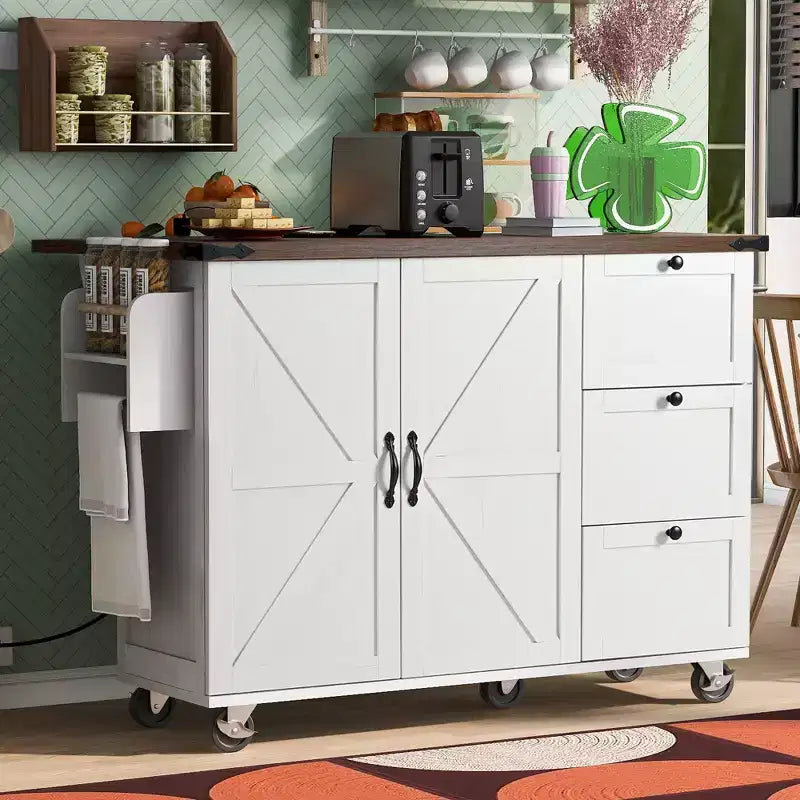 CLIHOME 54.5 Farmhouse Rolling Kitchen Island with Power Outlet, Kitchen Storage Cart with Internal Storage Rack, Drop Leaf, Spice Rack