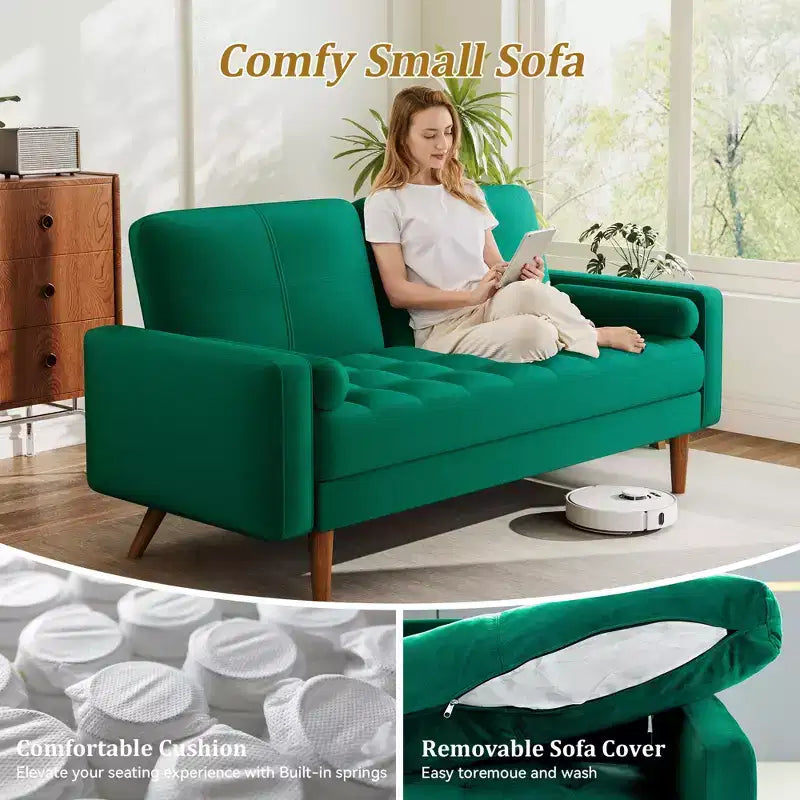 Dyonery 2-seater sofa, 55-inch velvet sofa with velvet cushion and pillow, Mid-century modern sofa, suitable for living room, apartment
