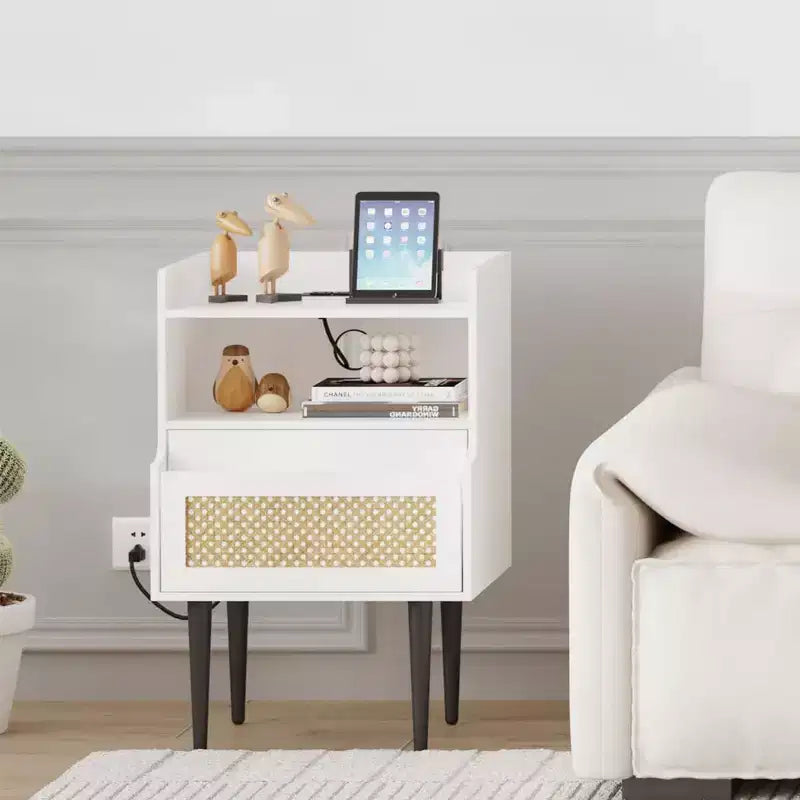 Nightstand Set of 2 Bedside Table - Farmhouse with Charging Outlet, Rattan Drawer & Open Shelves, End Tables