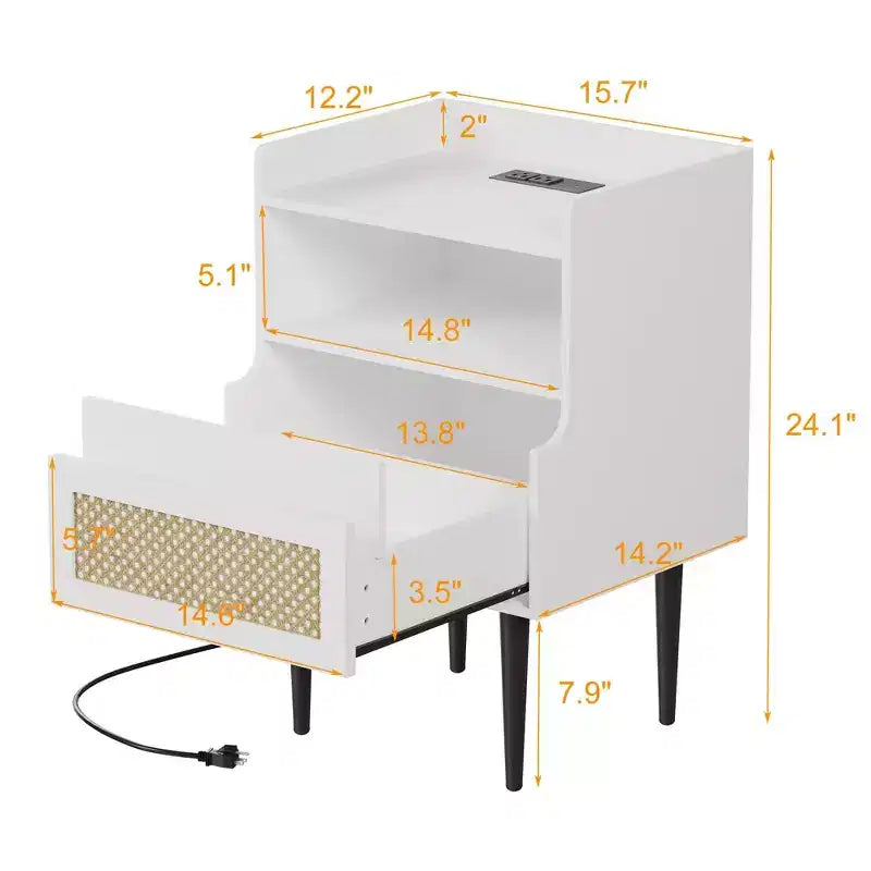 Nightstand Set of 2 Bedside Table - Farmhouse with Charging Outlet, Rattan Drawer & Open Shelves, End Tables