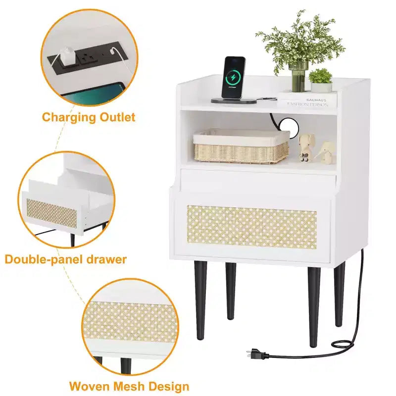 Nightstand Set of 2 Bedside Table - Farmhouse with Charging Outlet, Rattan Drawer & Open Shelves, End Tables