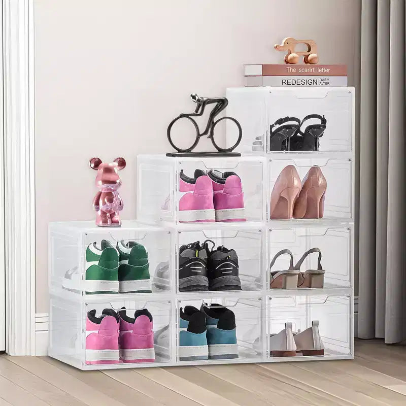 VEVOR Shoe Storage Boxes, 9 Pack Clear Stackable Shoe Boxes Storage Organizers with Magnetic Door, Fit up to US Size 13, Transparent White