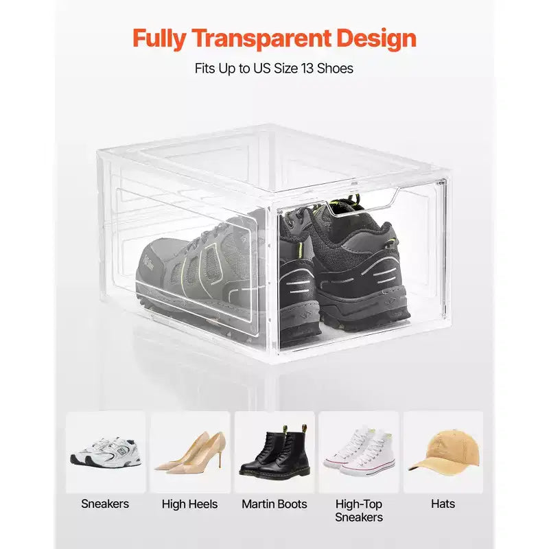 VEVOR Shoe Storage Boxes, 9 Pack Clear Stackable Shoe Boxes Storage Organizers with Magnetic Door, Fit up to US Size 13, Transparent White
