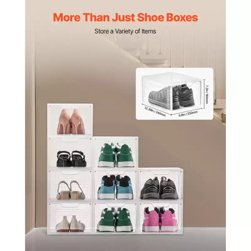 VEVOR Shoe Storage Boxes, 9 Pack Clear Stackable Shoe Boxes Storage Organizers with Magnetic Door, Fit up to US Size 13, Transparent White