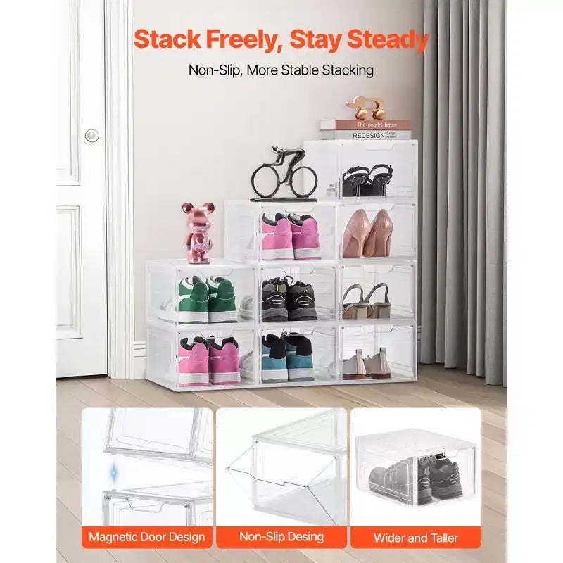 VEVOR Shoe Storage Boxes, 9 Pack Clear Stackable Shoe Boxes Storage Organizers with Magnetic Door, Fit up to US Size 13, Transparent White