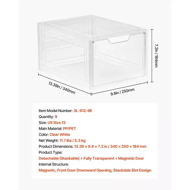 VEVOR Shoe Storage Boxes, 9 Pack Clear Stackable Shoe Boxes Storage Organizers with Magnetic Door, Fit up to US Size 13, Transparent White