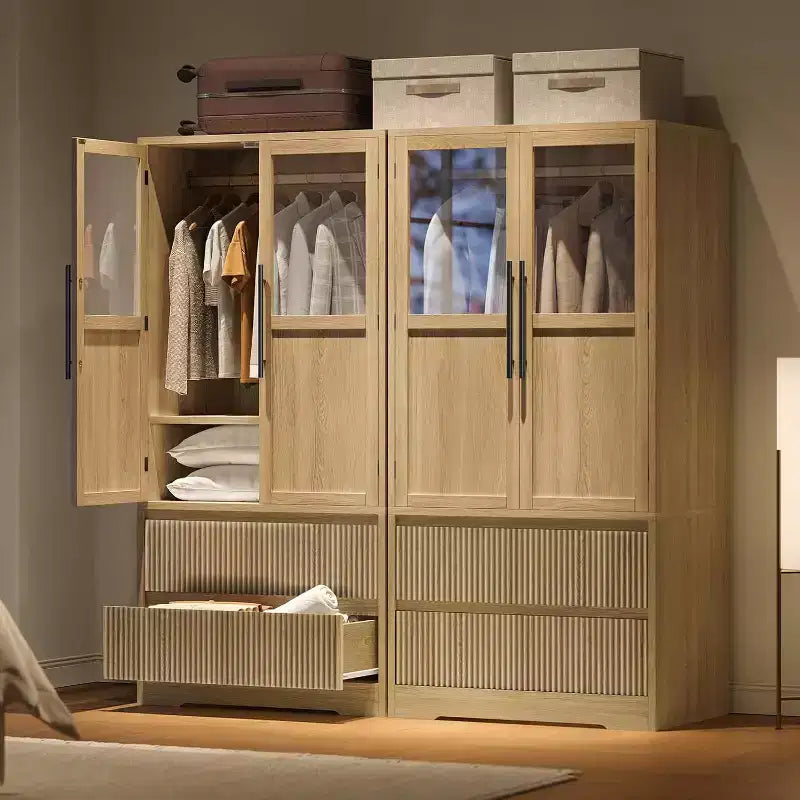 Armoire en bois naturel avec portes vitrées - 2 tiroirs et tringle à vêtements - 80L x 167H cm - Penderie autoportante pour chambre à coucher