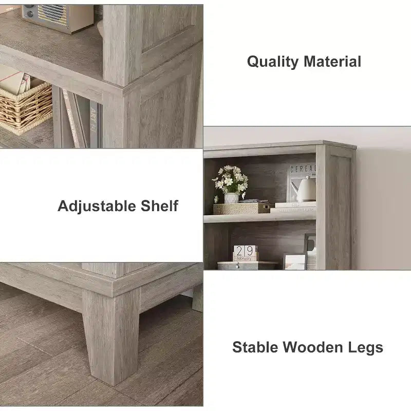 71 Farmhouse Bookcase, 5 Adjustable Shelves, 31.5W x 11.8D, Rustic Wood Grain, for Living Room Office Library (Gray, Wide)